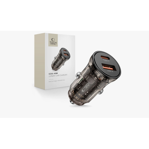 Automobilinis įkroviklis 12-24V USB + USB C 45W juodas Tech-Protect CC01